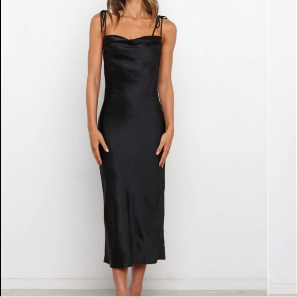 Petal & Pup Black Cadmas Satin Tie Strap Draped Fitted Midi Slip Dress 8US